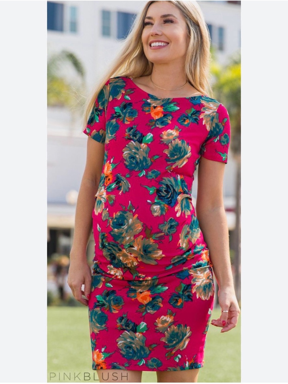 Pinkblush Maternity Fitted Floral Mini Dress Magenta Green Orange Blooms Small